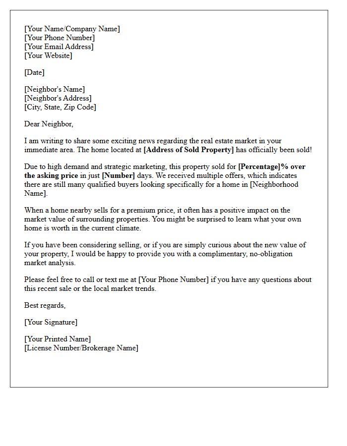 Local Home Sold Above Asking Price Letter