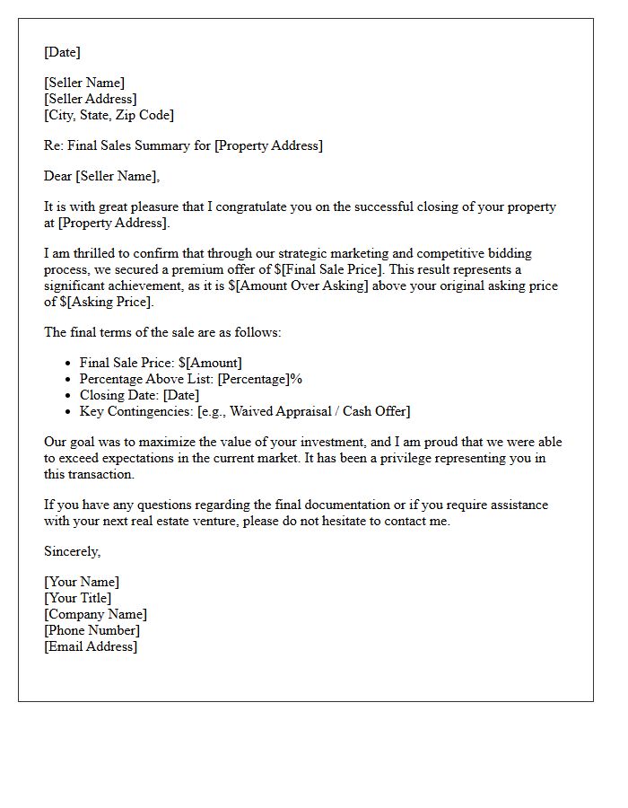 Premium Offer Sold Above Asking Price Letter