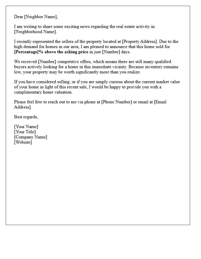 High Demand Area Sold Above Asking Letter