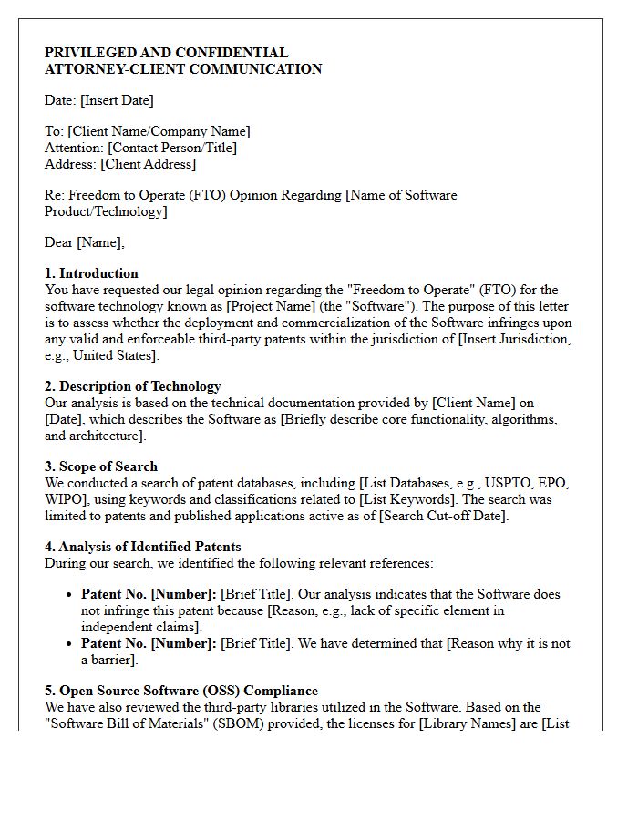 Software Technology Freedom to Operate Opinion Letter