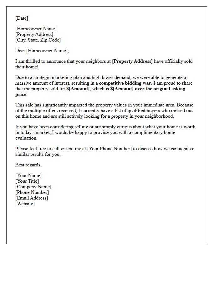 Bidding War Success Sold Above Asking Letter