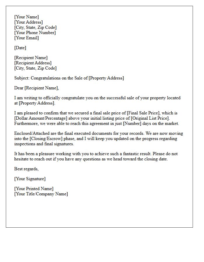 Fast Sale Above Asking Price Letter