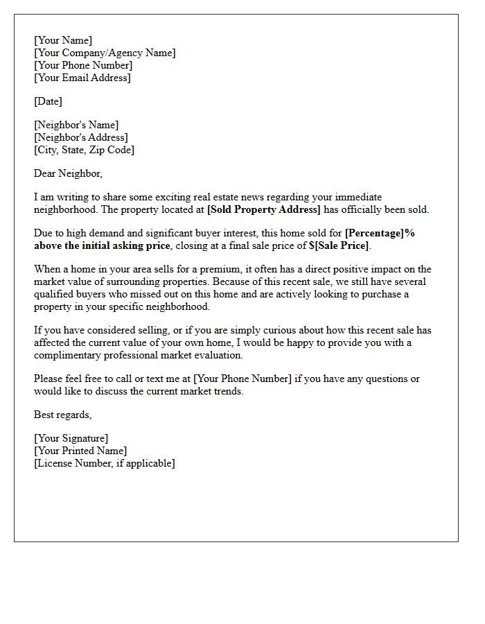 Neighboring Property Sold Above Asking Letter
