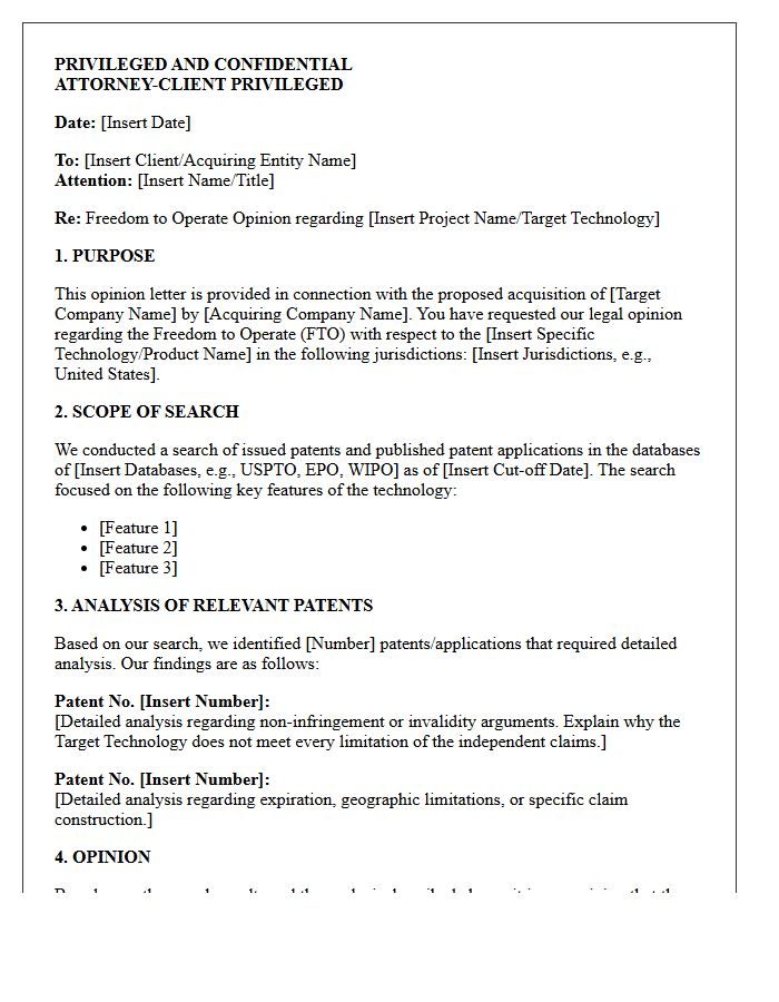 Merger and Acquisition Freedom to Operate Opinion Letter