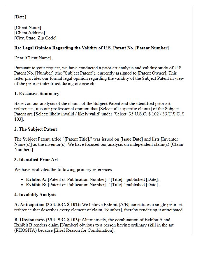 Prior Art Analysis Patent Validity Opinion Letter