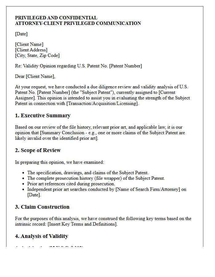Due Diligence Patent Validity Opinion Letter