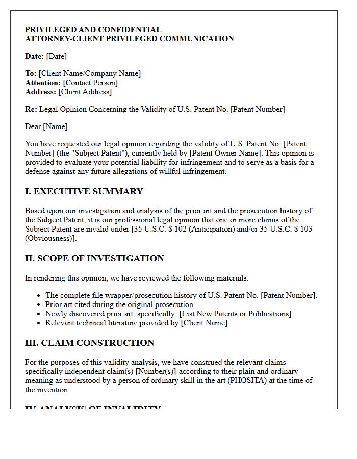 Willful Infringement Defense Patent Validity Opinion Letter