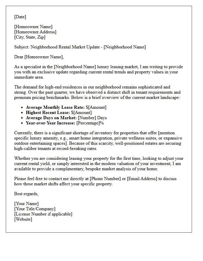 Luxury Property Neighborhood Rental Rate Market Update Letter