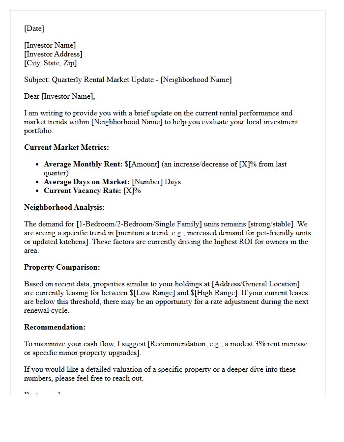Investor-Focused Neighborhood Rental Rate Market Update Letter