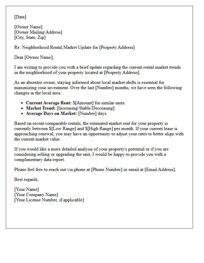 Absentee Owner Neighborhood Rental Rate Market Update Letter