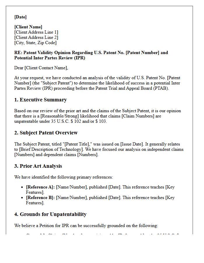 Inter Partes Review Patent Validity Opinion Letter
