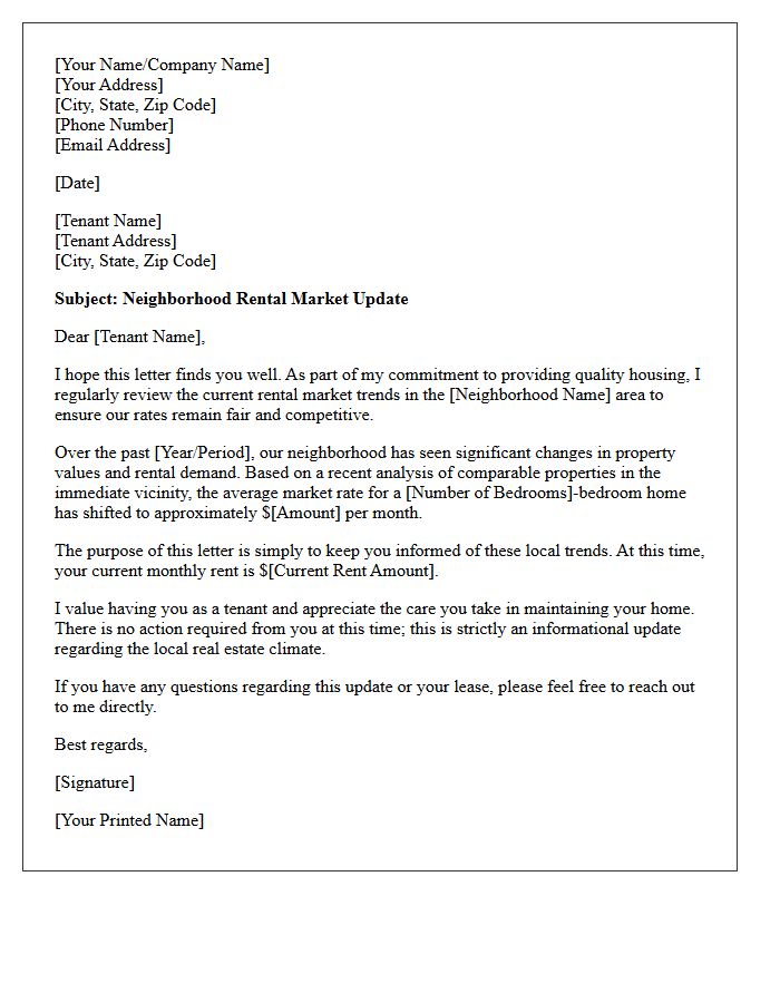 Local Landlord Neighborhood Rental Rate Market Update Letter