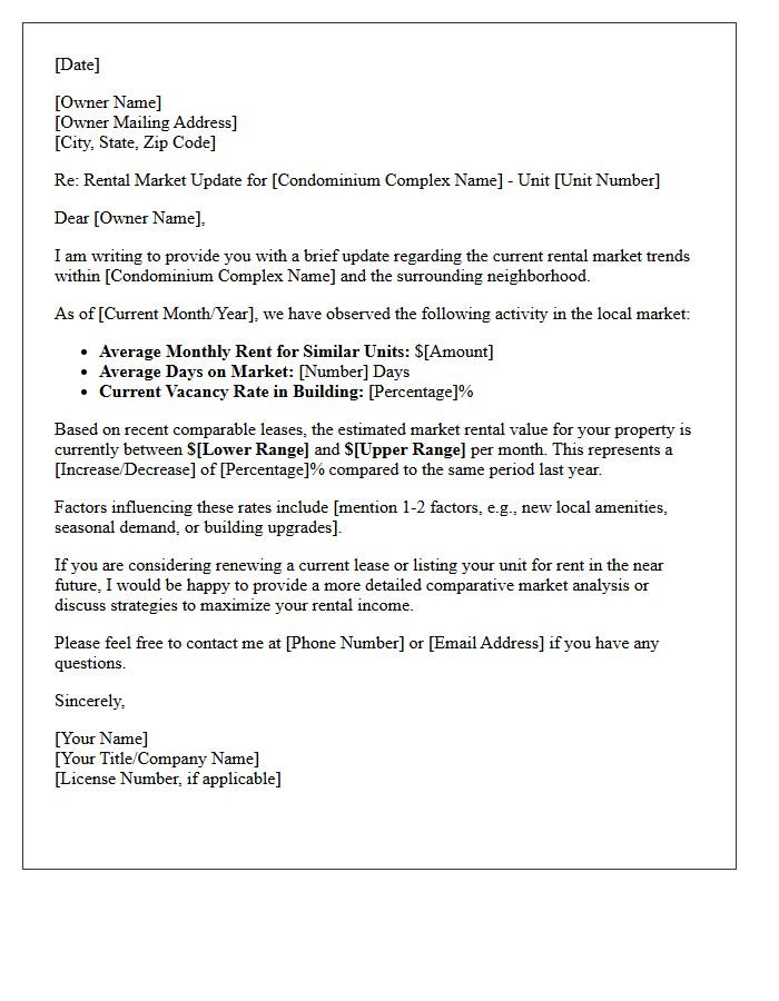 Condominium Neighborhood Rental Rate Market Update Letter