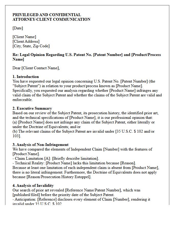 Non-Infringement and Patent Invalidity Opinion Letter