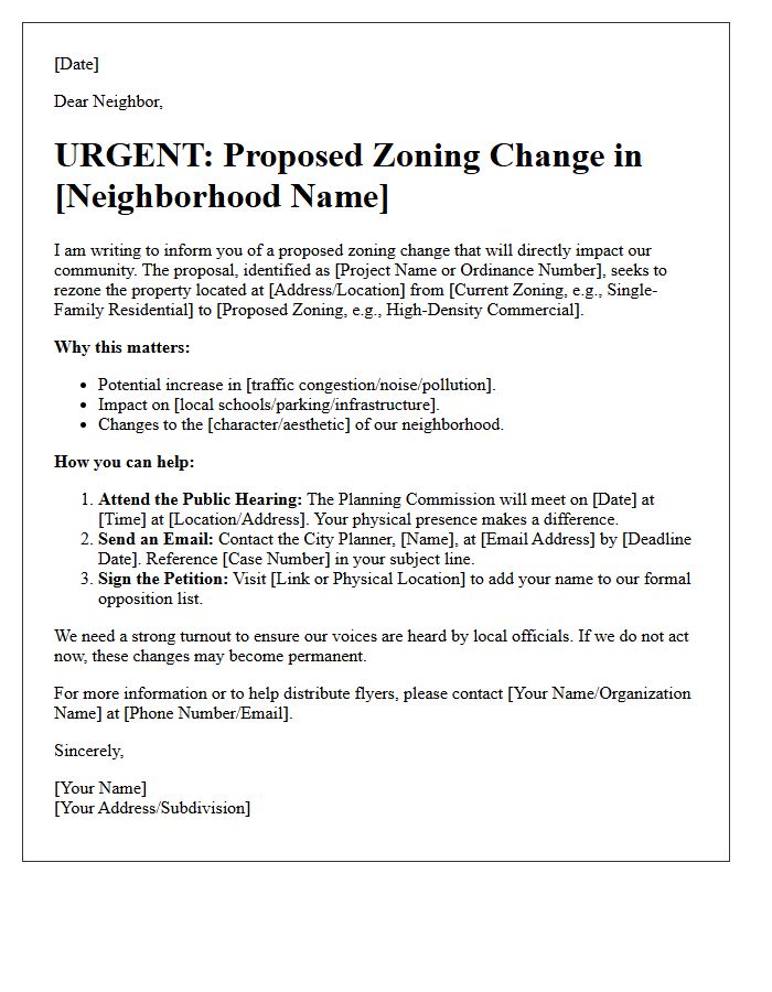 Neighborhood Zoning Change Call To Action Letter