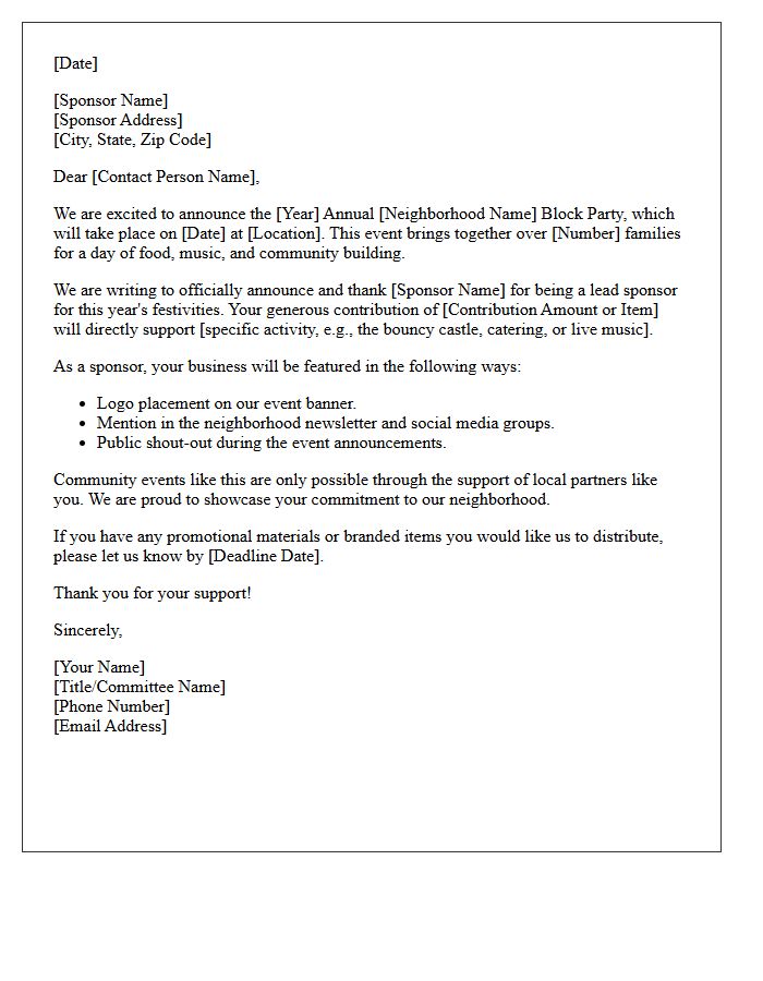 Annual Neighborhood Block Party Sponsorship Announcement Letter