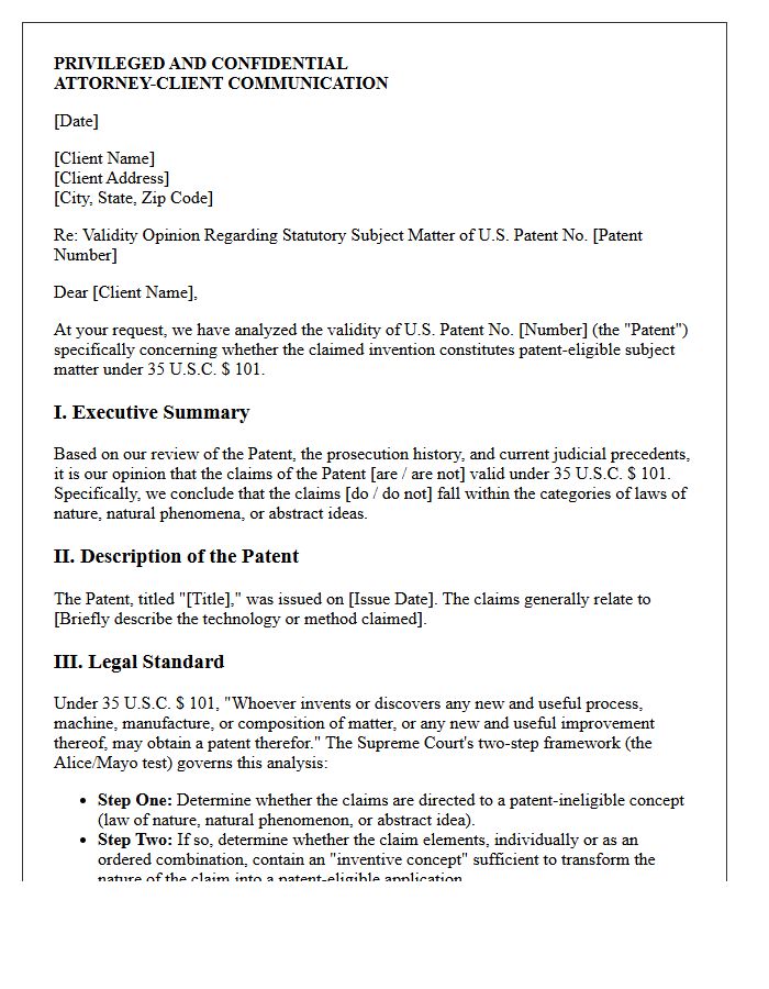 Statutory Subject Matter Patent Validity Opinion Letter