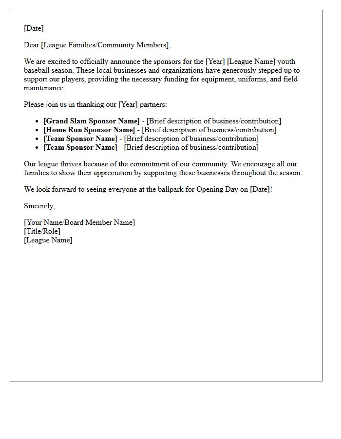 Local Youth Baseball League Sponsorship Announcement Letter