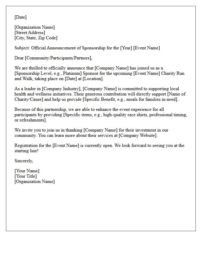 Community Charity Run and Walk Sponsorship Announcement Letter