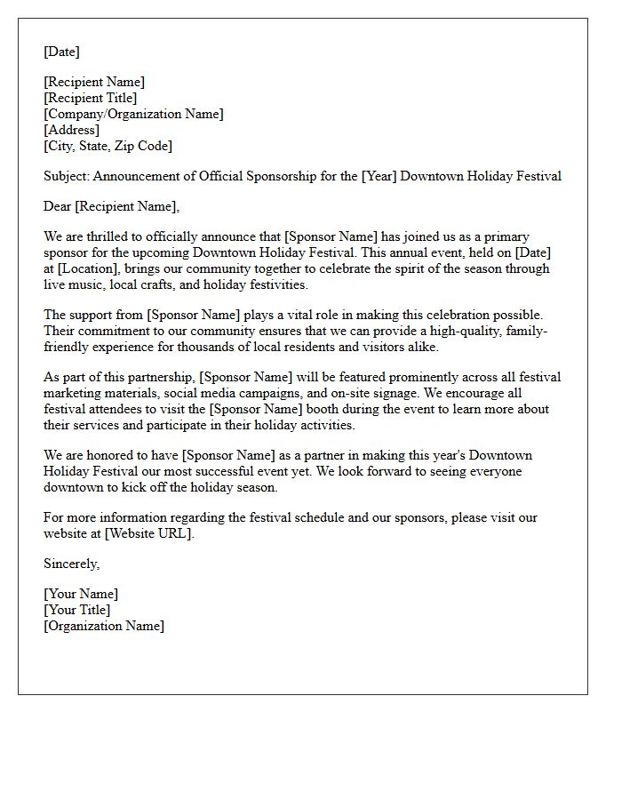 Downtown Holiday Festival Event Sponsorship Announcement Letter