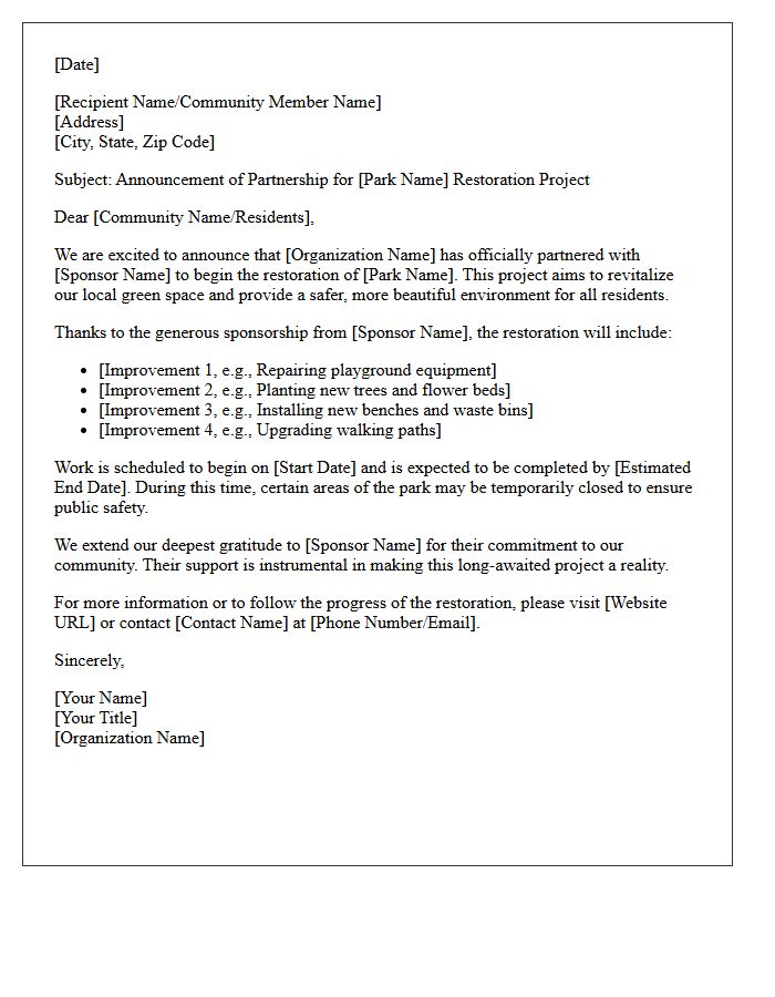 Public Park Restoration Project Sponsorship Announcement Letter