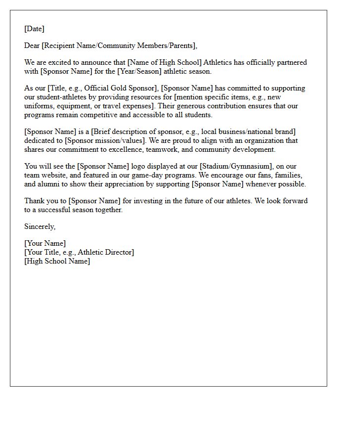 High School Athletics Program Sponsorship Announcement Letter
