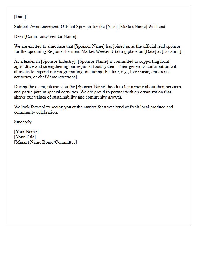 Regional Farmers Market Weekend Sponsorship Announcement Letter
