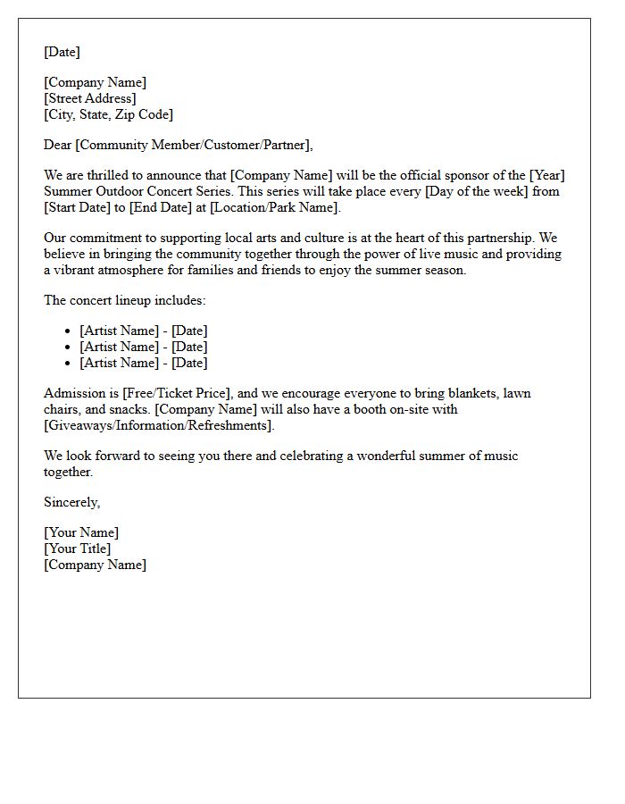 Summer Outdoor Concert Series Sponsorship Announcement Letter