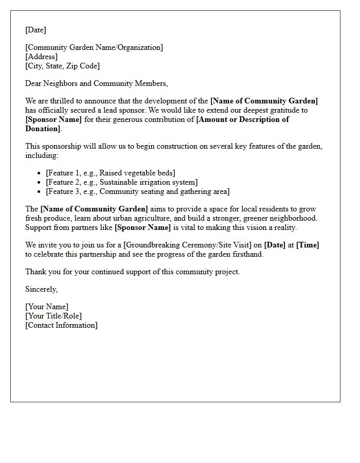 Community Garden Development Sponsorship Announcement Letter