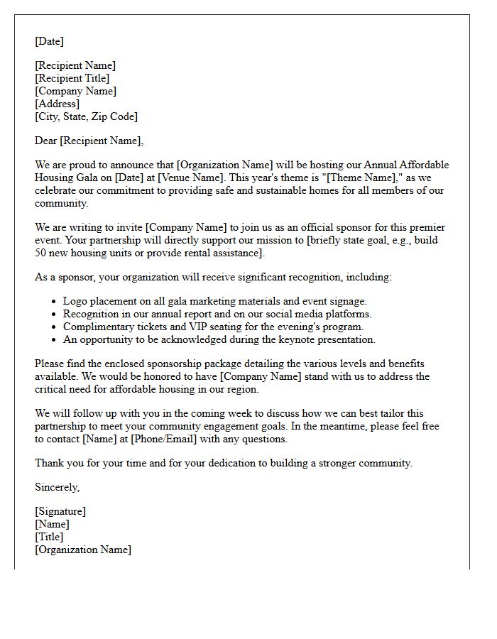 Annual Affordable Housing Gala Sponsorship Announcement Letter