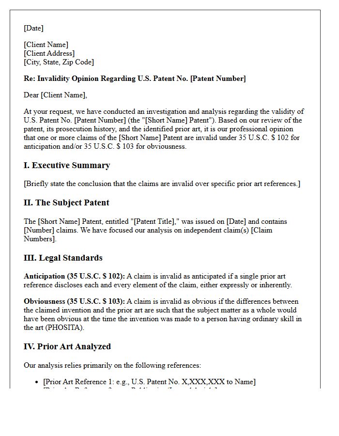 Anticipation and Obviousness Patent Invalidity Opinion Letter