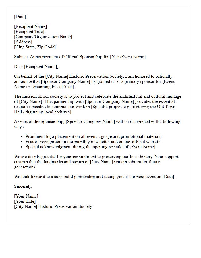 City Historic Preservation Society Sponsorship Announcement Letter