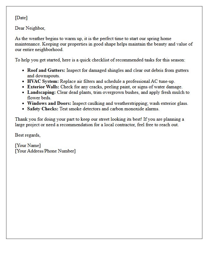 Spring Home Maintenance Checklist Neighborhood Letter