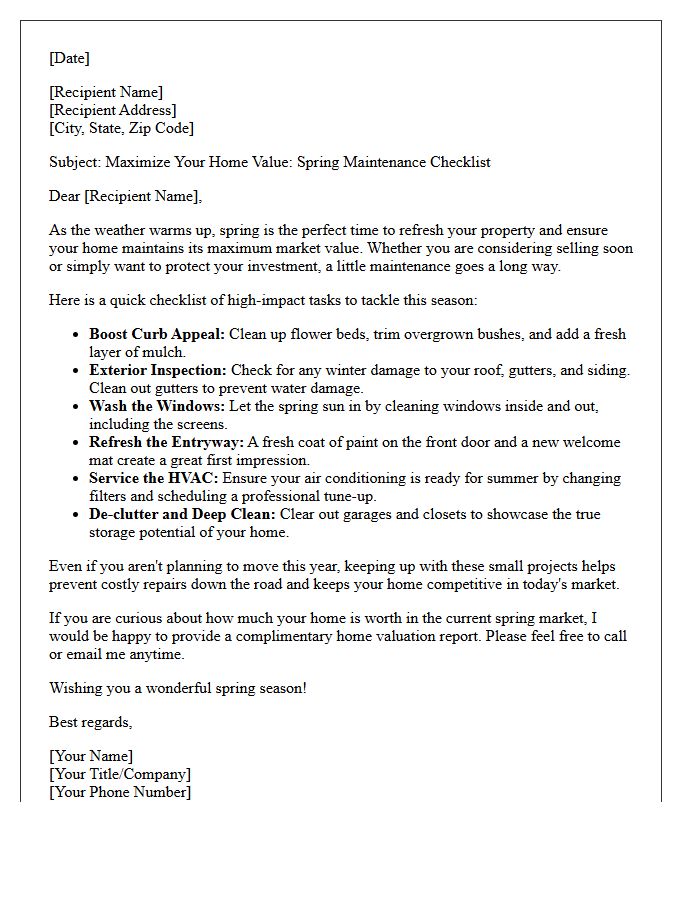 Maximize Your Home Value Spring Checklist Letter