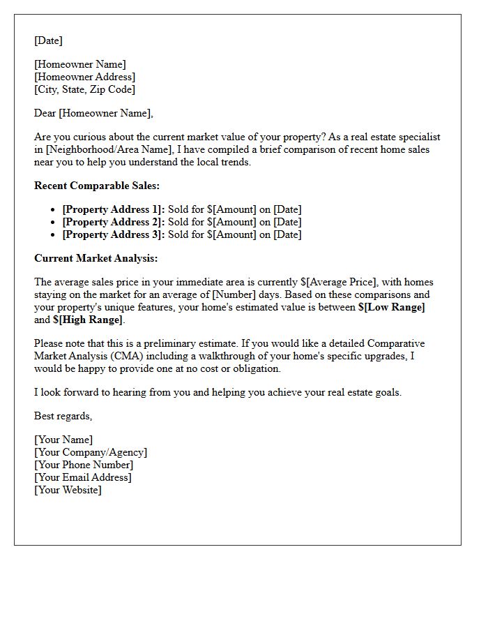 Area Home Pricing Comparison Letter