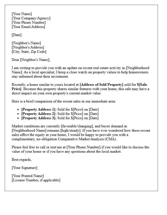 Direct Neighborhood Sales Comparison Letter
