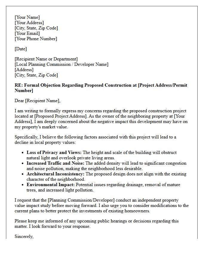 Potential Property Value Decline Due To New Construction Letter