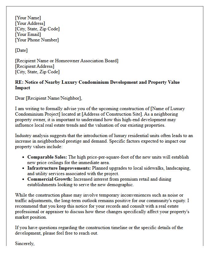 Luxury Condominium Construction Property Value Impact Letter