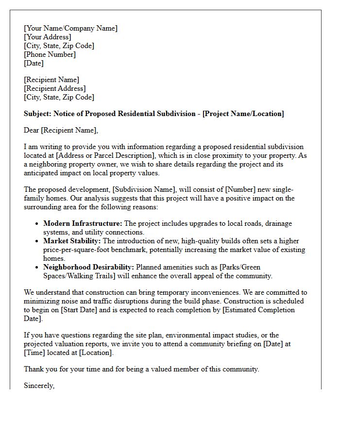 Upcoming Residential Subdivision Value Impact Letter