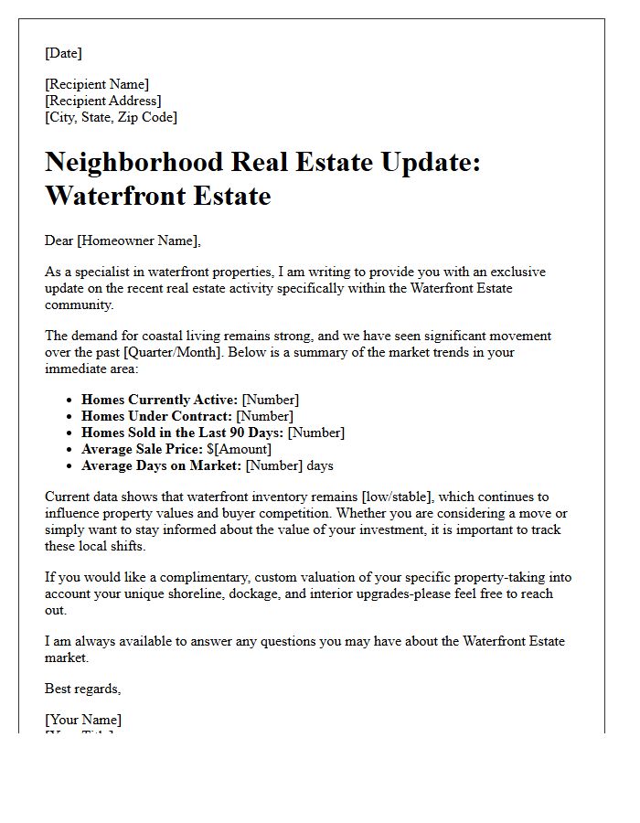 Waterfront Estate Neighborhood Market Update Letter