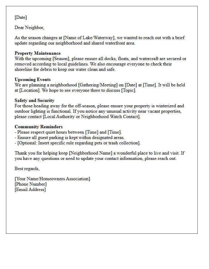 Seasonal Waterfront Property Neighborhood Update Letter