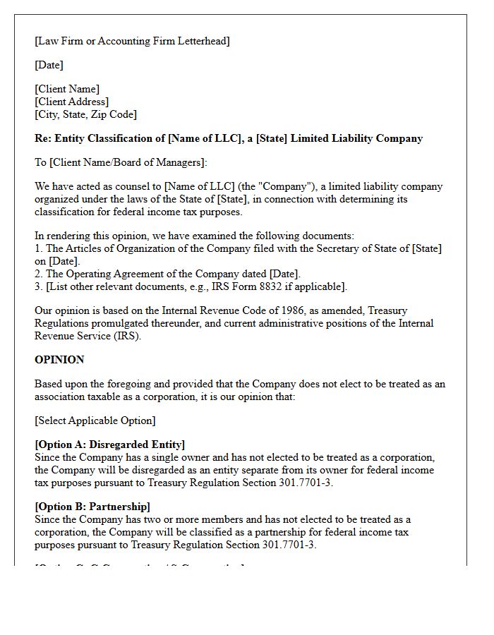Domestic Limited Liability Company Entity Classification Opinion Letter