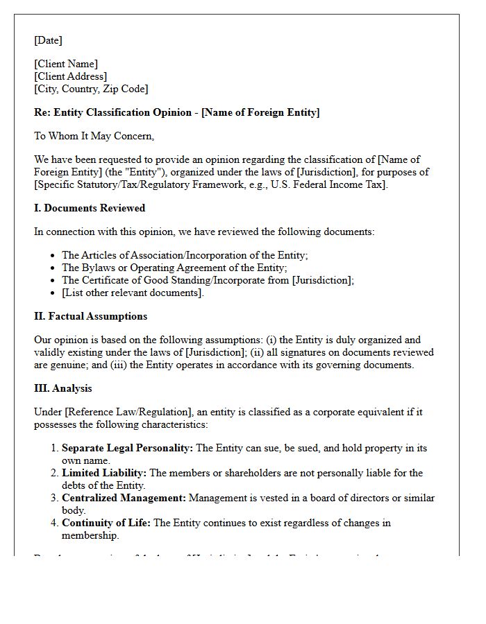 Foreign Corporate Equivalent Entity Classification Opinion Letter