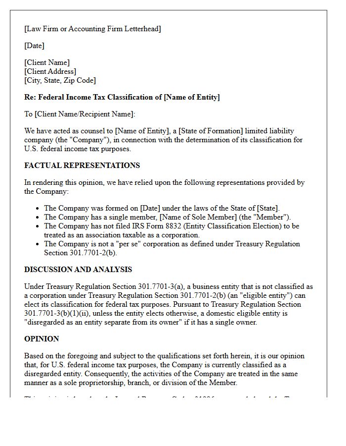 Disregarded Entity Tax Classification Opinion Letter
