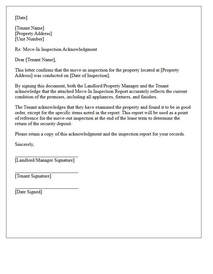 Standard Move-In Inspection Acknowledgment Letter