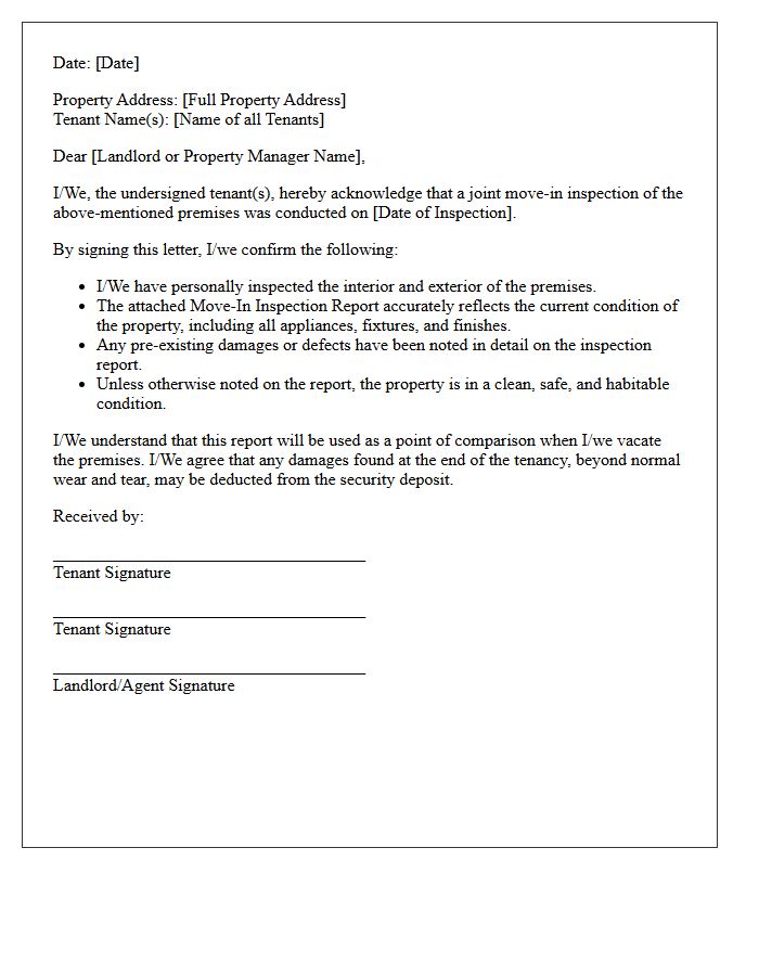 Residential Tenant Move-In Inspection Acknowledgment Letter