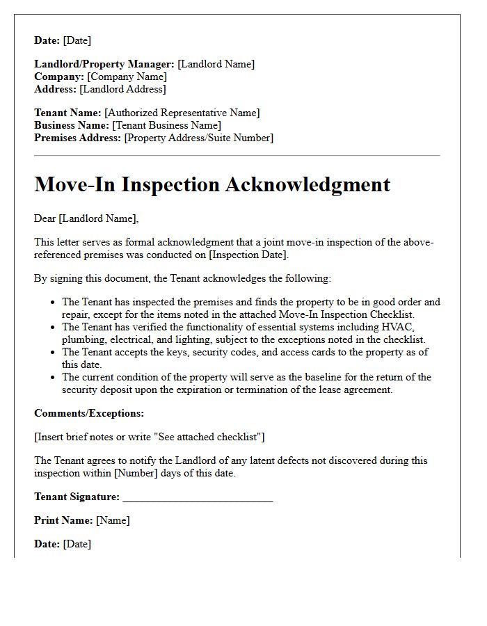 Commercial Property Move-In Inspection Acknowledgment Letter