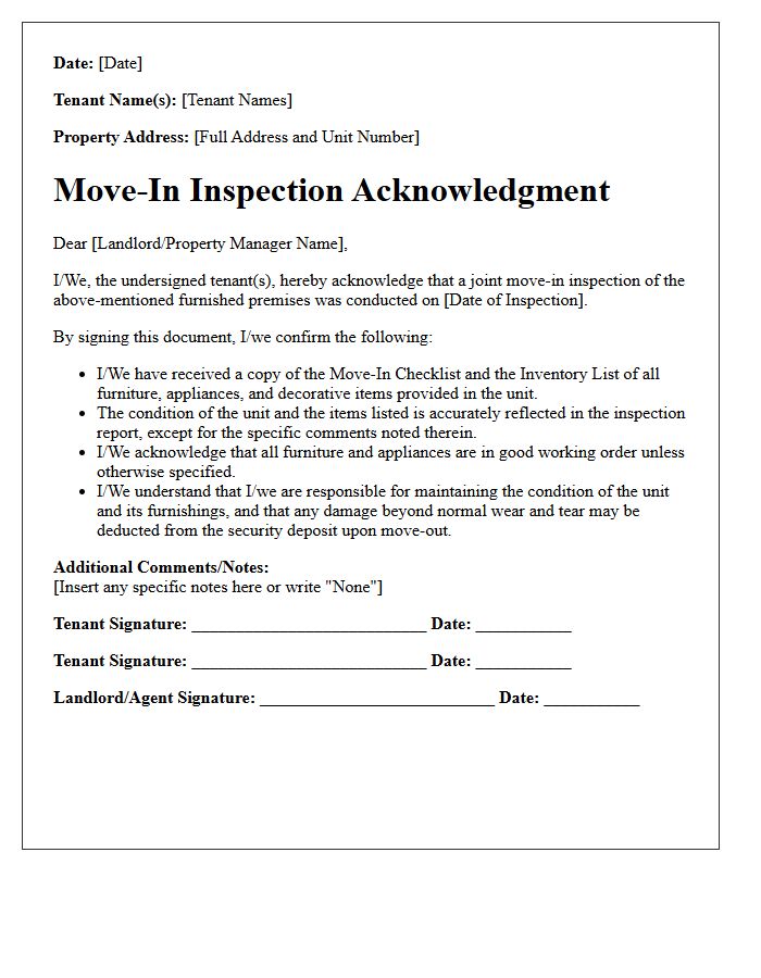 Furnished Unit Move-In Inspection Acknowledgment Letter