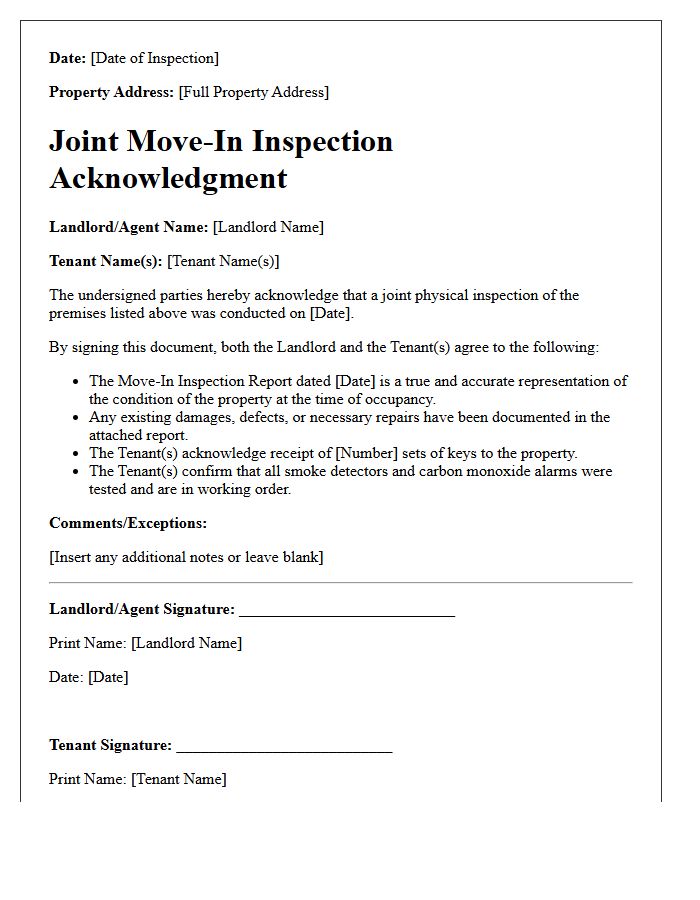 Joint Landlord and Tenant Move-In Inspection Acknowledgment Letter