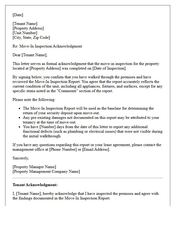 Property Management Move-In Inspection Acknowledgment Letter
